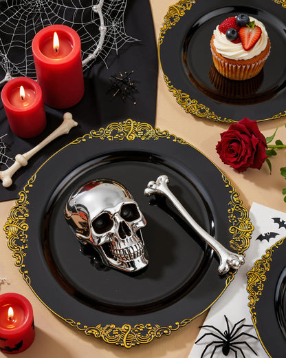 Nervure 100PCS Black and Gold Plastic Plates - 10.25Inch Black Disposable Plates - Black Plastic Dinner Plates for Wedding & Party & Halloween
