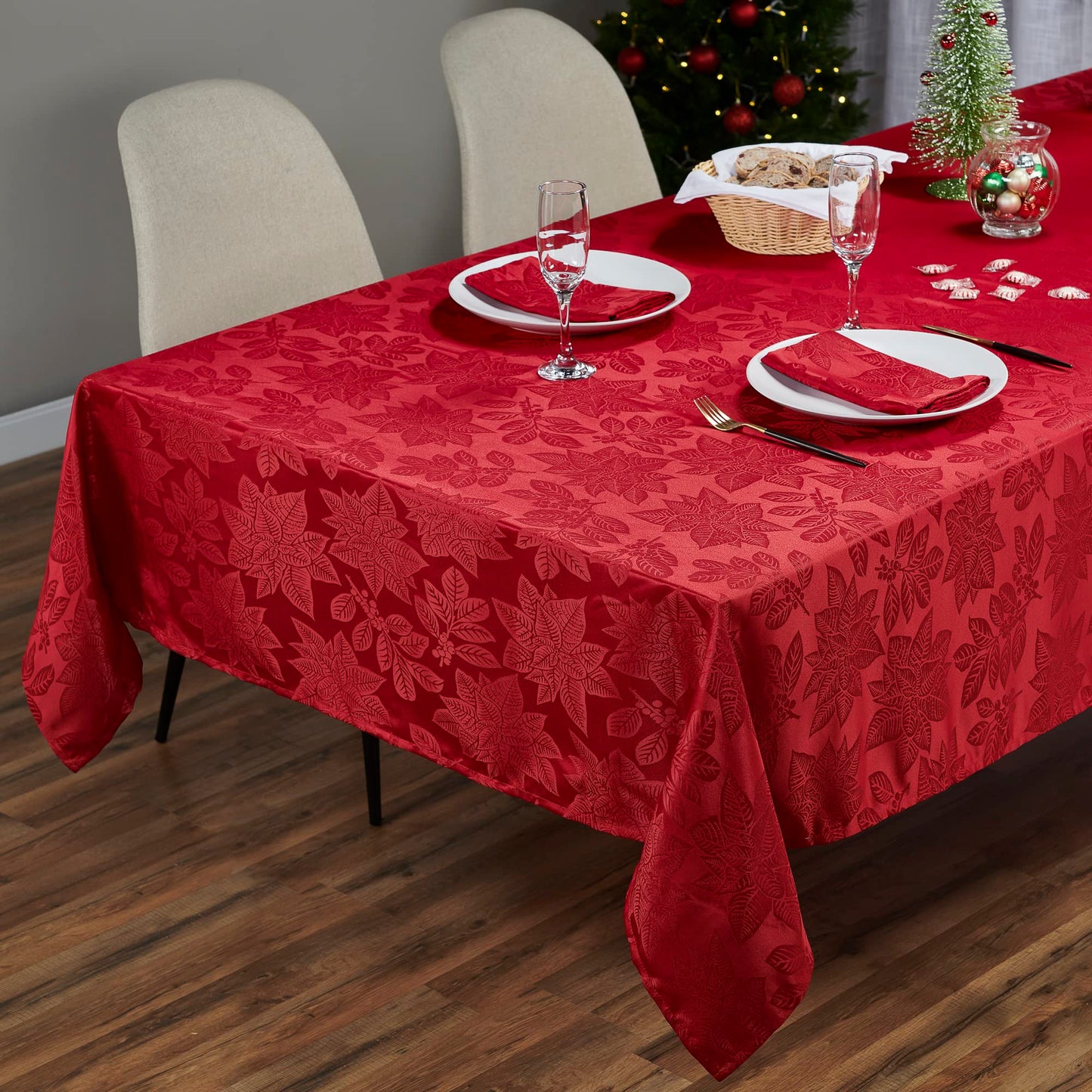 Kadut Christmas Tablecloth, Poinsettia Leaf Red Tablecloth (60 x 102 Inch) for 6 Foot Rectangle Tables, Heavy Duty Fabric, Table Cloth for Harvest, Xmas Holiday, Winter, and Parties Table Cover