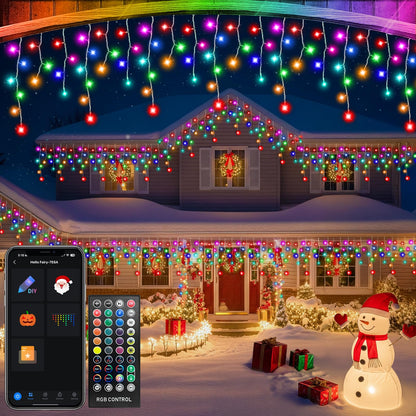 33FT Smart RGB Christmas Icicle Lights – APP Control LED String Lights for Outside, Music Sync, DIY Color Changing, 58+ Modes, Connect 3 Strands (99FT) – Waterproof Icicle for Roof, Tree, House