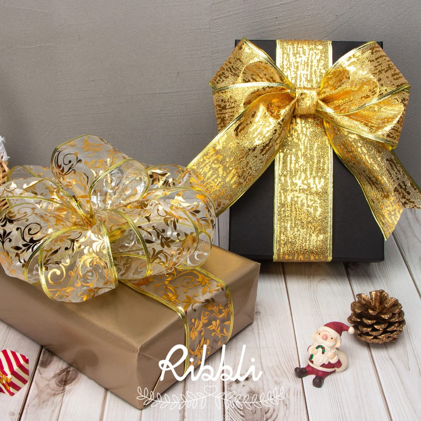 Ribbli Gold Christmas Tree Ribbon - Glitter Wired Ribbons for Tree, Crafts, Gift Wrapping, Wreaths, Garland, Home Decor - 2.5 Inch x 6 Rolls Total 36 Yard