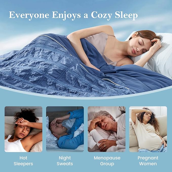 Cozy Bliss Cooling Comforter Seersucker Plaid Queen, Q-Max 0.4 Reversible Lightweight Cooling Blanket, Breathable Silk Smooth Summer Bedding Quilt for Hot Sleepers Night Sweats Denim Blue