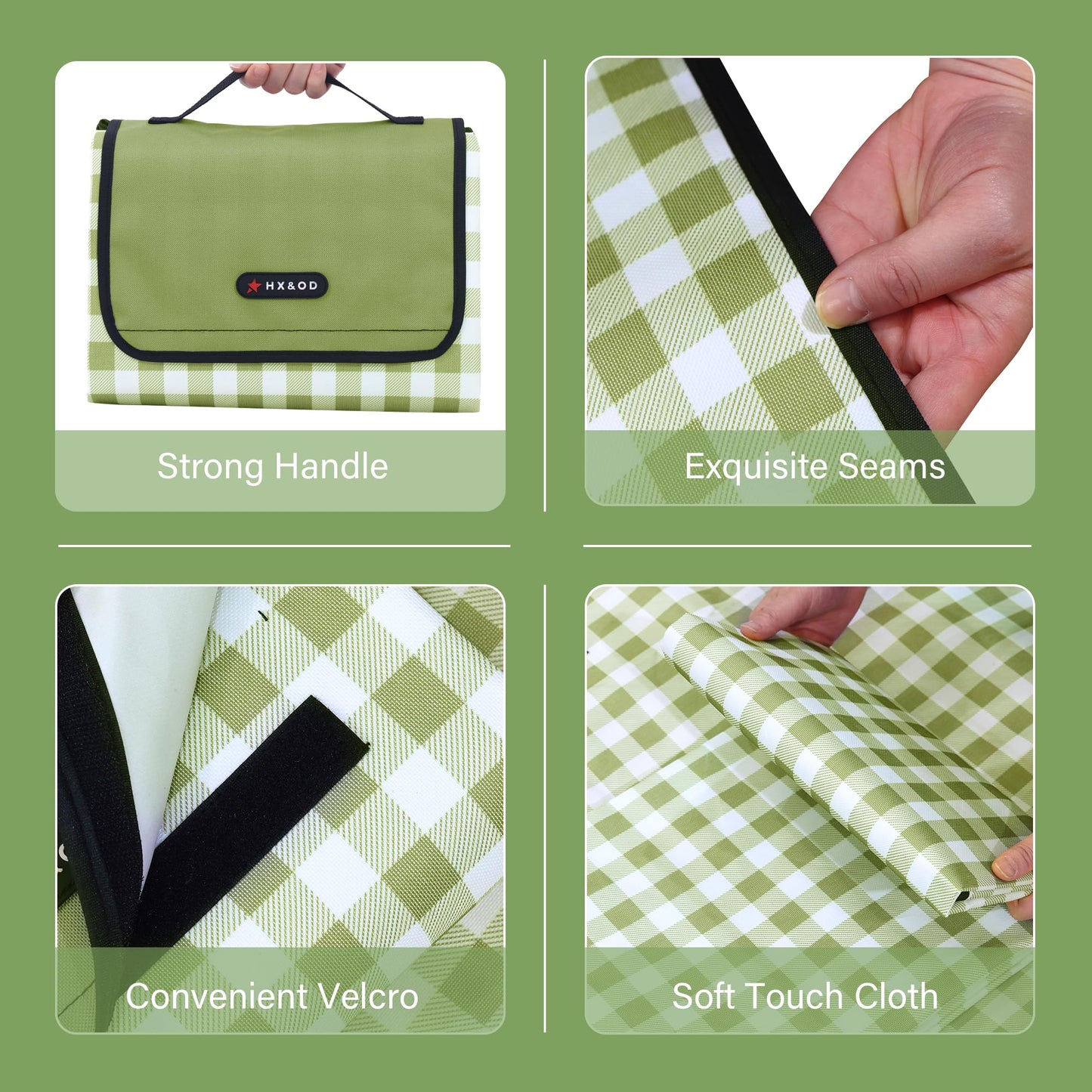 HX&OD Picnic Blanket Outdoor Extra Large Picnic Mat 80"X60" Camping Blanket Beach Blanket Foldable Waterproof Sand Mat Hiking Travel Family Concerts(Green)