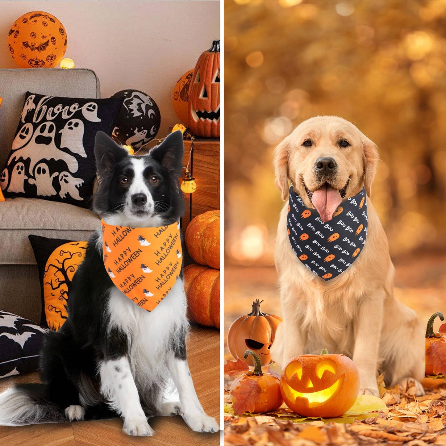 Gofshy Halloween Dog Bandanas Large 2PCS, Reversible Triangle Dog Scarfs with Pumpkin, Spide, Bat, Ghost, Fall Puppy Bandanas Bib Handkerchief for Boy and Girl, Holiday Bandanas