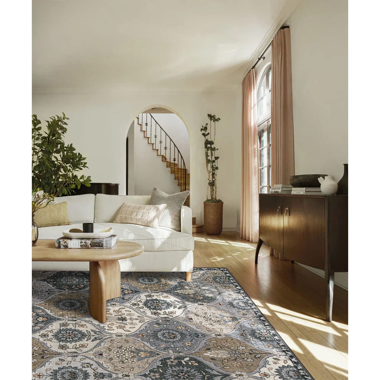 Lahome Moroccan Trellis Washable Area Rug, 5x7 Rugs for Living Room Indoor Non-Slip, Large Oriental Accent Throw Carpet for Bedroom Entryway Bathroom Office Elise, Grey
