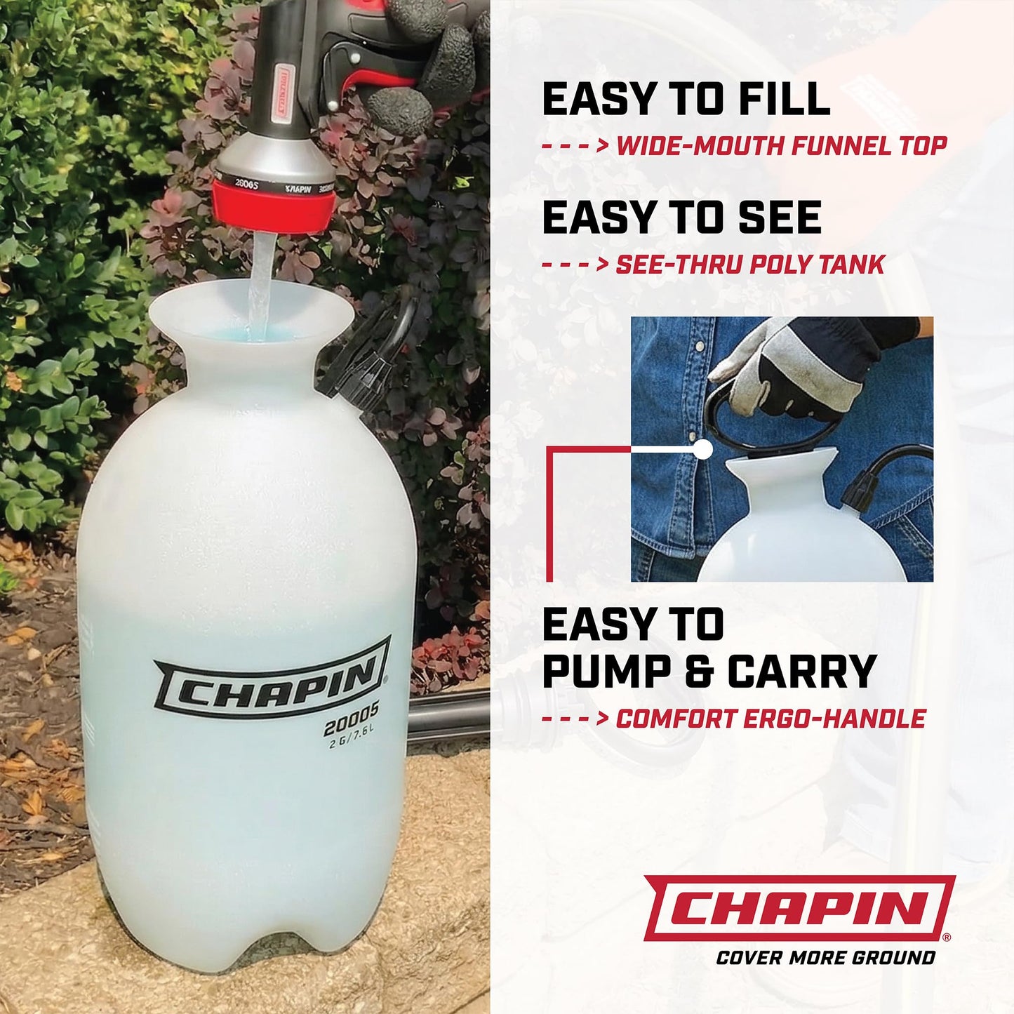 Chapin 20006 Pump Sprayer, 3‑Gallon, Lawn & Garden, Translucent Poly Tank, Funnel‑Top, SureSpray Anti‑Clog Filter, Adjustable Cone Nozzle & 34" Hose for Fertilizer, Weed & Pest Application