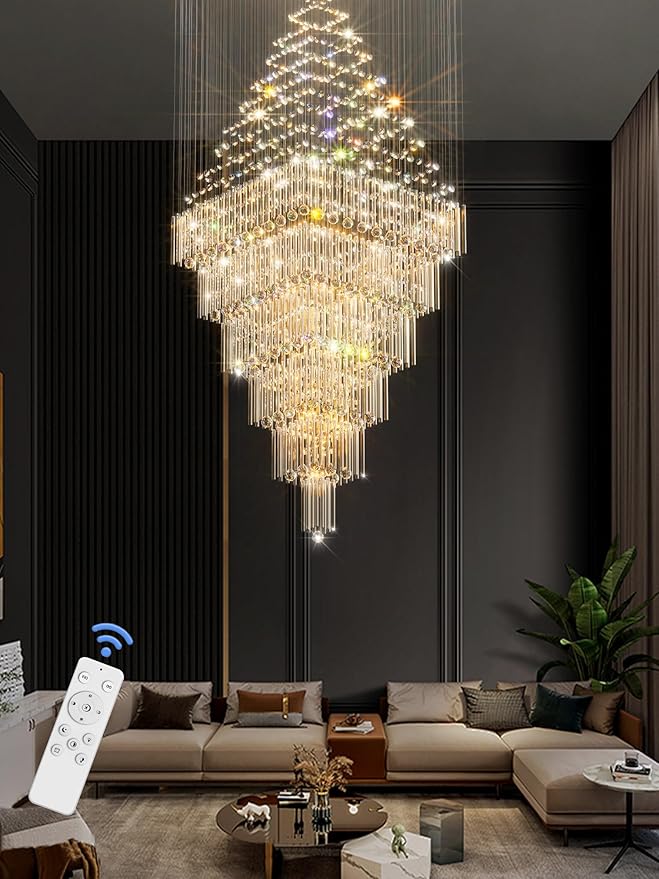 Flashing God D48''X H120'' Large Crystal Chandeliers for High Ceiling Square Crystal Raindrop Chandelier, Foyer Long Lighting Fixtures for Foyer Entryway Villa Silver ﻿