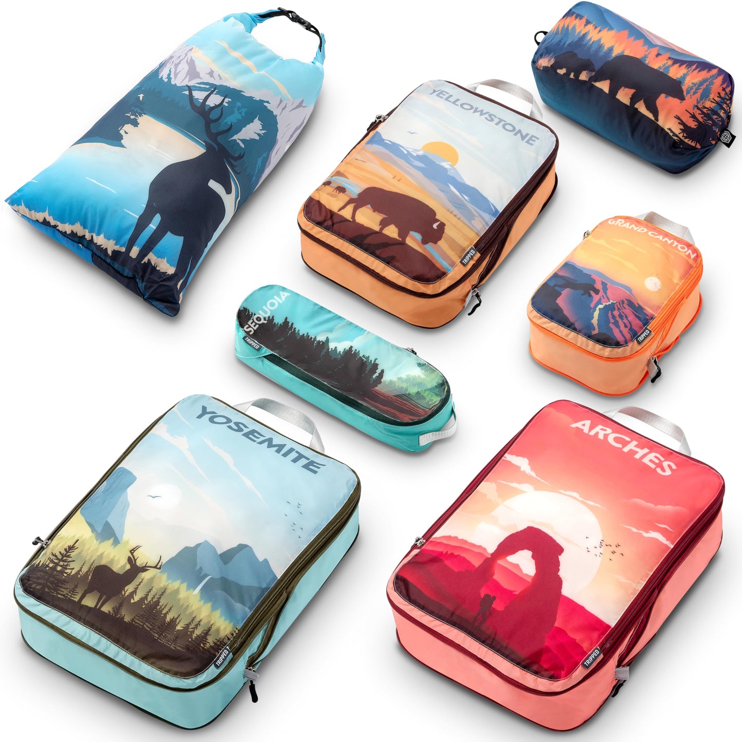 Packing Cubes for Travel-Extra Large Luggage Organizers 7 Piece Set-Ultralight, Expandable/Compression Bags for Clothes by TRIPPED Travel Gear (National Parks)