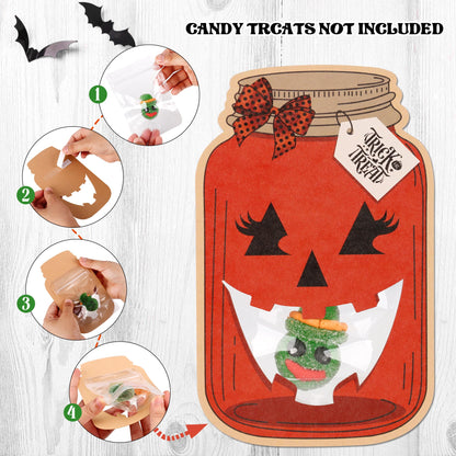 Giiffu 50-Pack Halloween Mason Jar Cards with 50 Clear Treat Bags – DIY Trick-or-Treat Goodie Bags for Kids, Classroom Halloween Party Favors & Gift Exchange