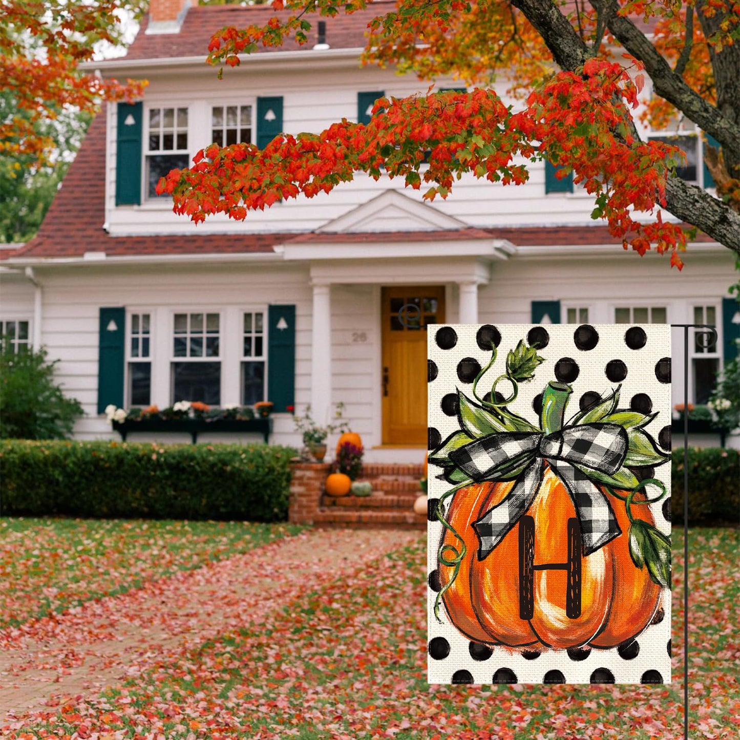 AVOIN colorlife Fall Monogram Letter H Garden Flag Polka Dot Pumpkin 12x18 Inch Double Sided Outside, Small Burlap Family Last Name Initial Yard Decoration