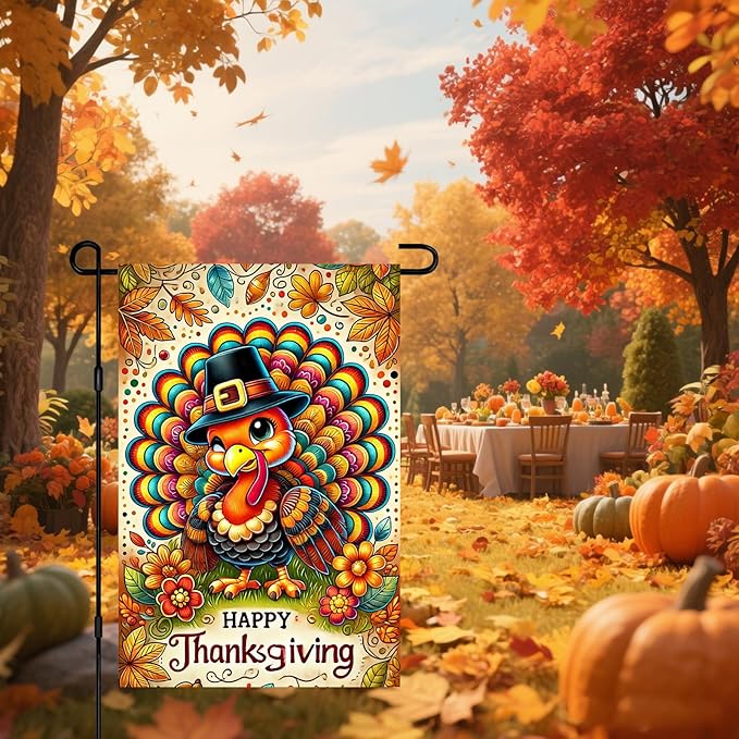 Thanksgiving Garden Flag Cute Turkey Pilgrim Hat 12x18 Inch Seasonals Outdoor Yard Banner Double Sided Fall Autumns Flags Decor For Girls or boys gifts Decrations Flags