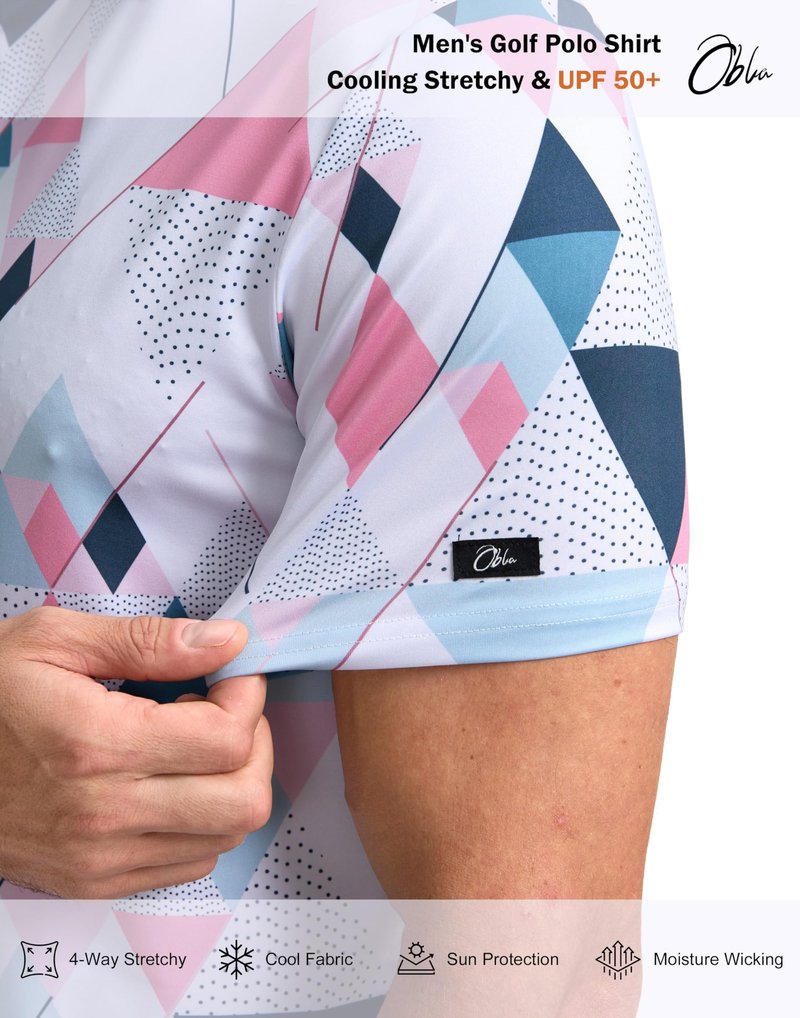 Obla Mens Golf Polo Shirts Short Sleeve Dry Fit Performance Moisture Wicking Casual Print Collared Golf Shirts for Men(White Pink Geometry_S)