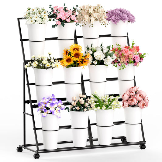 Invech Flower Display Stand with 12 Buckets and Wheels, 3 Tier Flower Cart Display Stand for Indoor Outdoor Garden, Wedding, Flower Shop (Black)