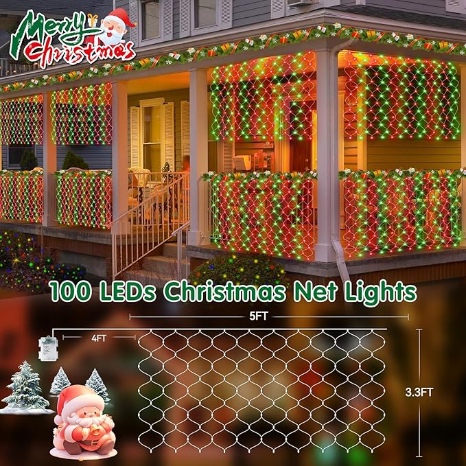 Hezbjiti Battery Operated Christmas Lights Outdoor 100 LED 5FT x 3.3FT Waterproof Timed Memory Net Mesh Lights for Xmas Trees Bushes Garden Yard Lawn Patio Christmas Decor (1 Pack Red and Green)
