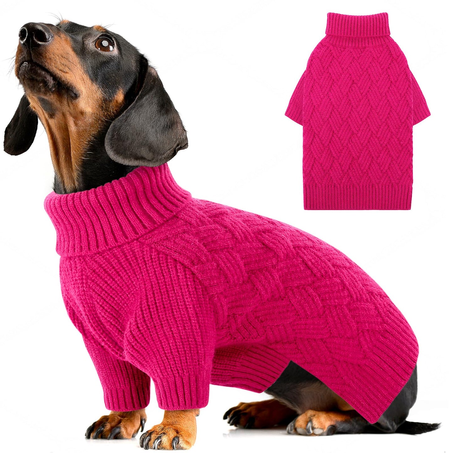 AOFITEE Dog Sweater, Turtleneck Dog Sweaters for Small Dogs Female, Dogs Winter Sweaters Girl Boy, Small Pet Christmas Sweater, Classic Cable Holiday Knitwear for Pug Dachshund (Rose Red, S)