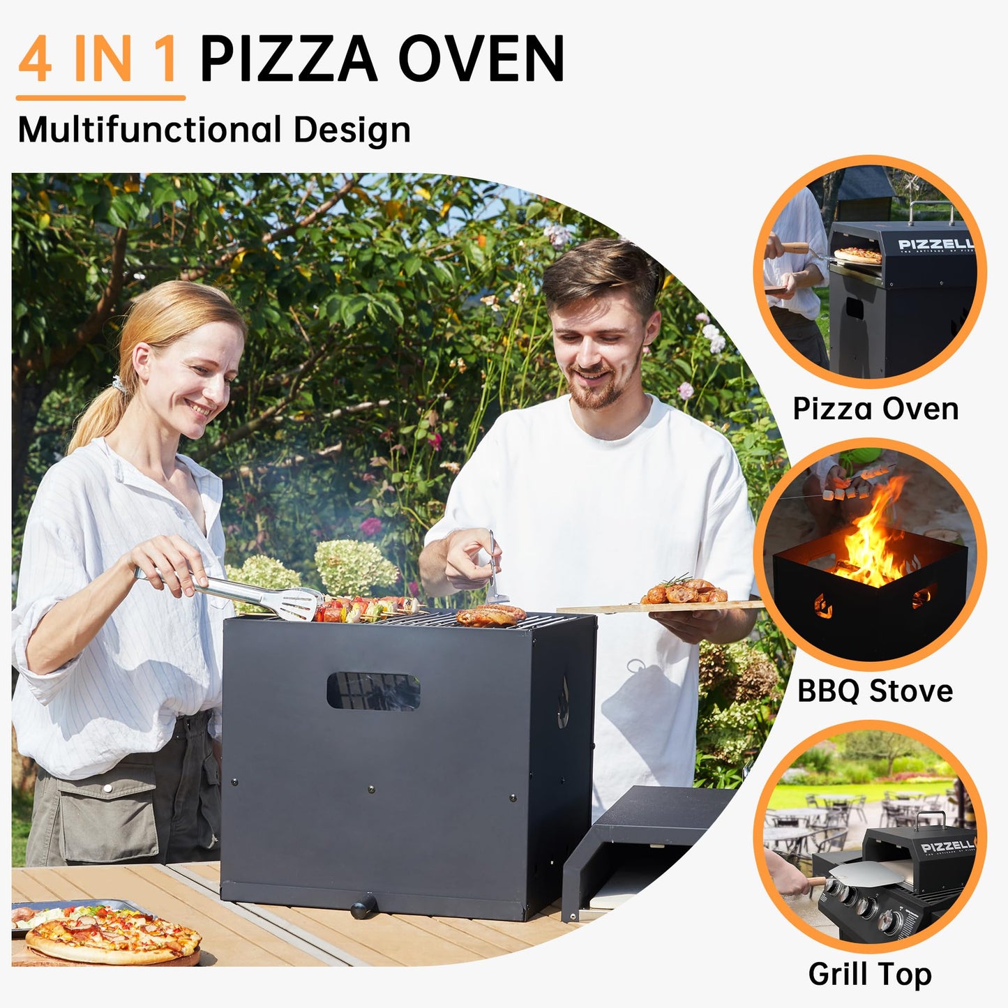 PIZZELLO Outdoor Pizza Oven Large 4-in-1 Wood Fired Outside Oven 2-Layer Detachable Pizza Maker with Pizza Stone, Pizza Peel, Cover, Cutter, BBQ Grill Grate, Pizzello Gusto 16"