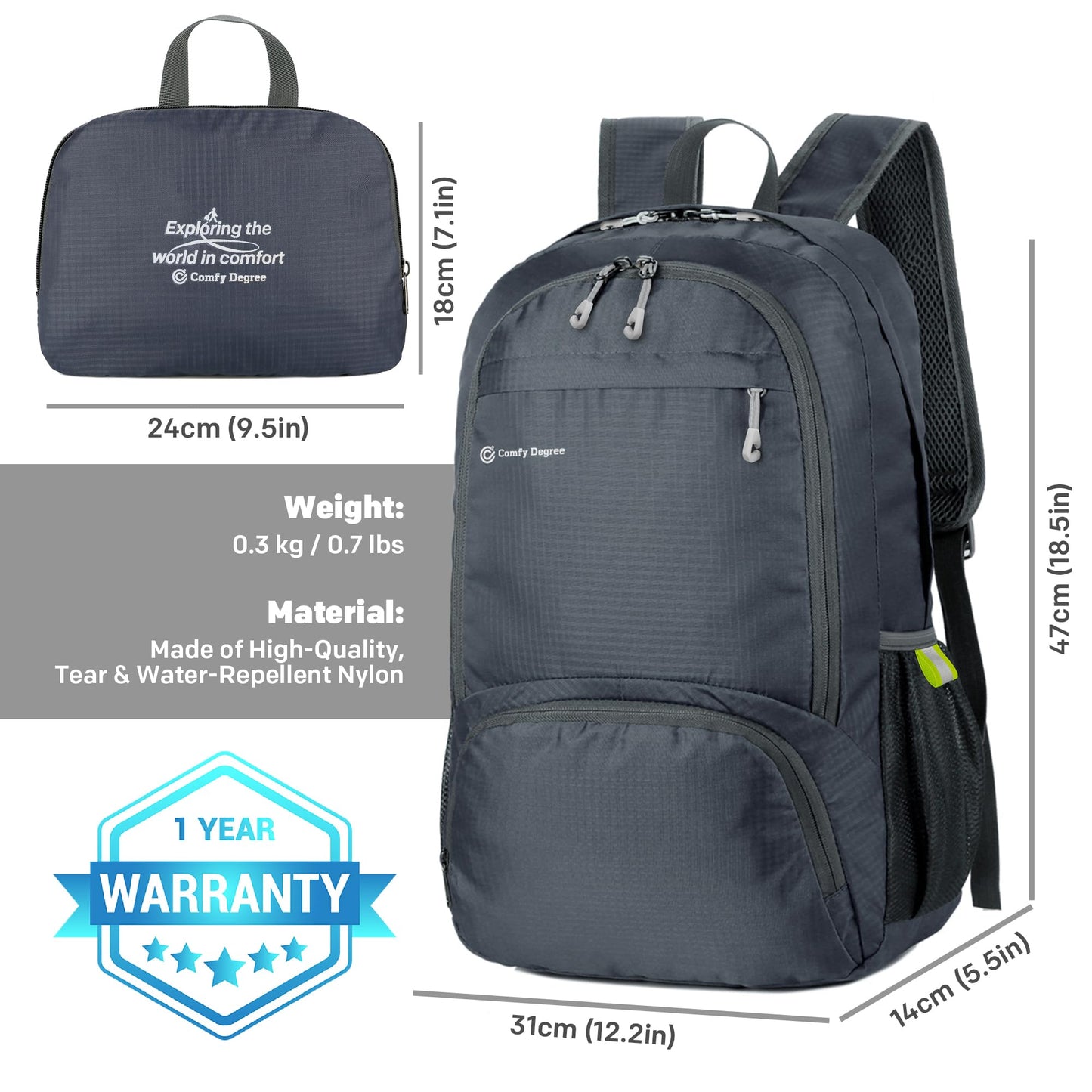 ComfyDegree Ultralight Foldable Hiking Backpack | 30L Packable, Waterproof, Lightweight, Travel Rucksack | Men & Women Large Bag for Work, Gym, Outdoor Camping, Walking, Cycling, Sport Daypack (Gray)
