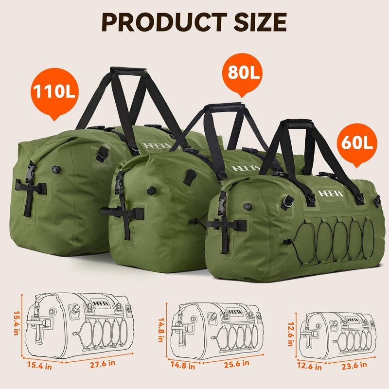 HEETA Waterproof Duffel Bag Motorcycle Dry Bag Backpack, Extra Large Rolltop Travel Duffle Bags with Straps & Handles for Kayaking Rafting Boating Canoeing Camping Gym Beach (Green, 60L)