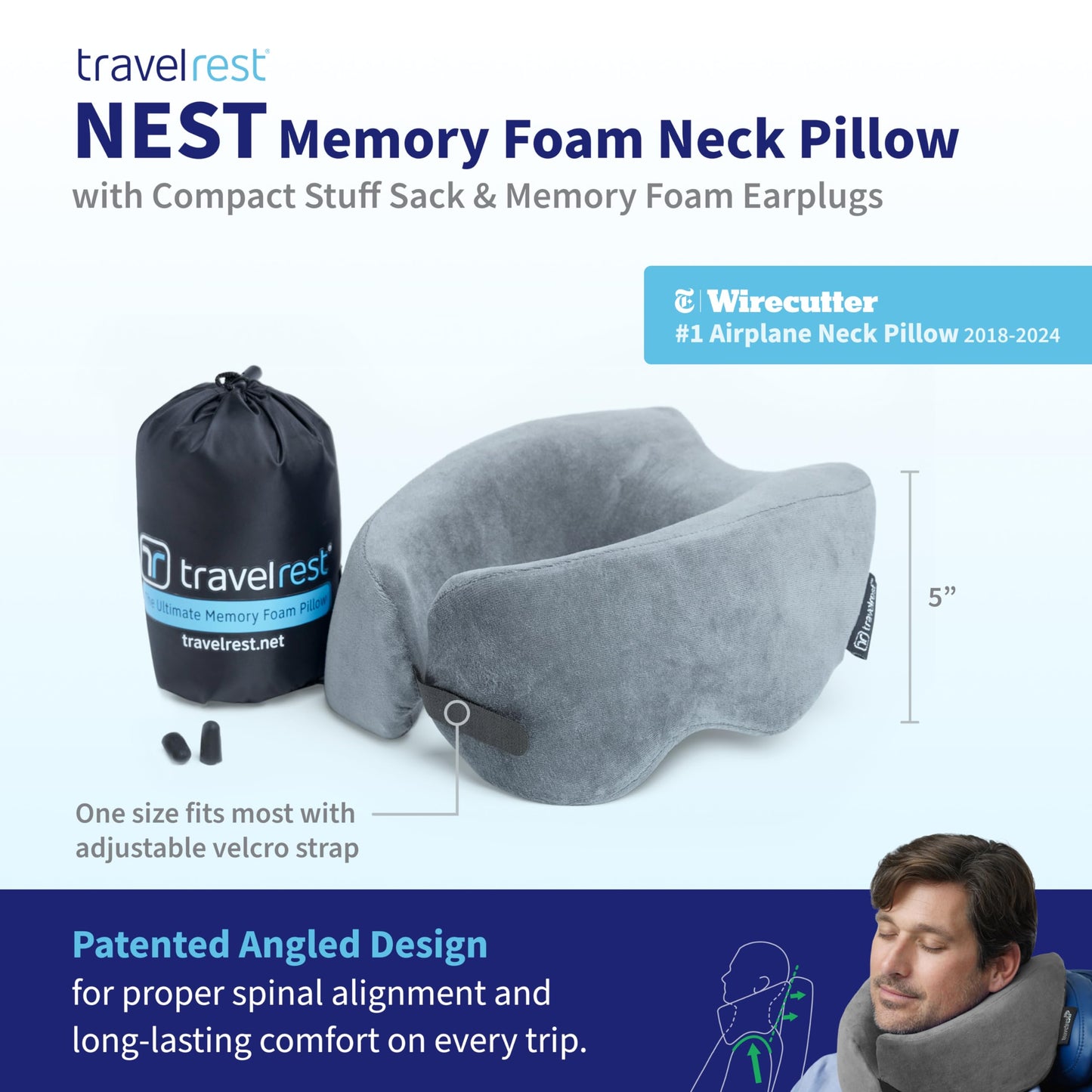 Travelrest Nest Memory Foam Travel Neck Pillow, Advanced Support for Long Flights, Patented Design for Optimal Relaxation, Compact, Ergonomic, and Washable, On-the-Go and Attacthes to Luggage - Gray