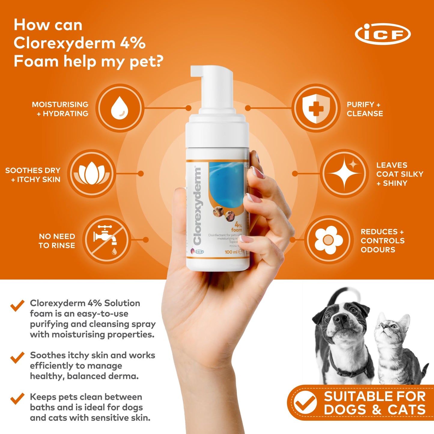 Clorexyderm 4% Foam Mousse - Dry Shampoo for Dogs & Cats - Antibacterial & Antifungal - Dry Itchy Skin Relief – Moisturises, Soothes & Softens Skin & Coat - Easy Alternative to Wet Bathing - 100 ml
