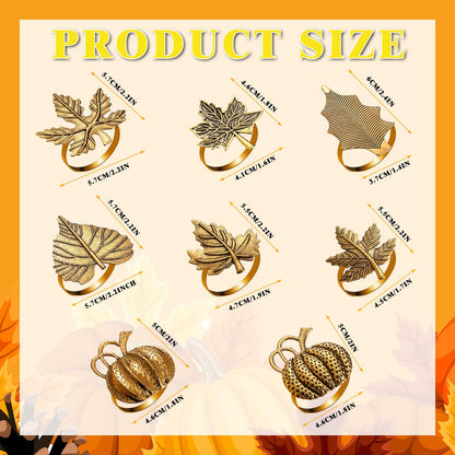 WILLBOND 12 Pcs Thanksgiving Napkin Rings Set Thanksgiving Pumpkin Leaf Themed Holders Fall Napkin Rings Alloy Design Holder Buckle for Halloween Home Party Table Decor Wedding Supplies (Golden)