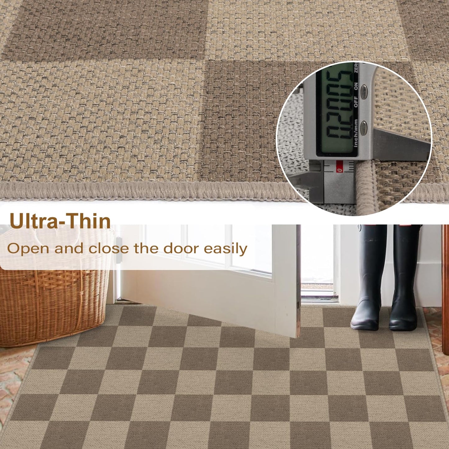 Rugalia Easy Jute Checkered Runner Rug, 2x6 Brown Modern Washable Rugs Runner for Hallway Non-Slip Kitchen Runner Rug, Farmhouse Checkerboard Indoor Outdoor Carpet for Porch Laundry Entryway