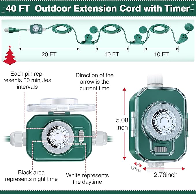 Feekoon 40FT Outdoor Extension Cord Splitter with Timer, Waterproof 3-Outlet Cord with Safety Cover 16/3 SJTW Weatherproof Power Cable for Outdoor Halloween Christmas Decorations Garden Lights