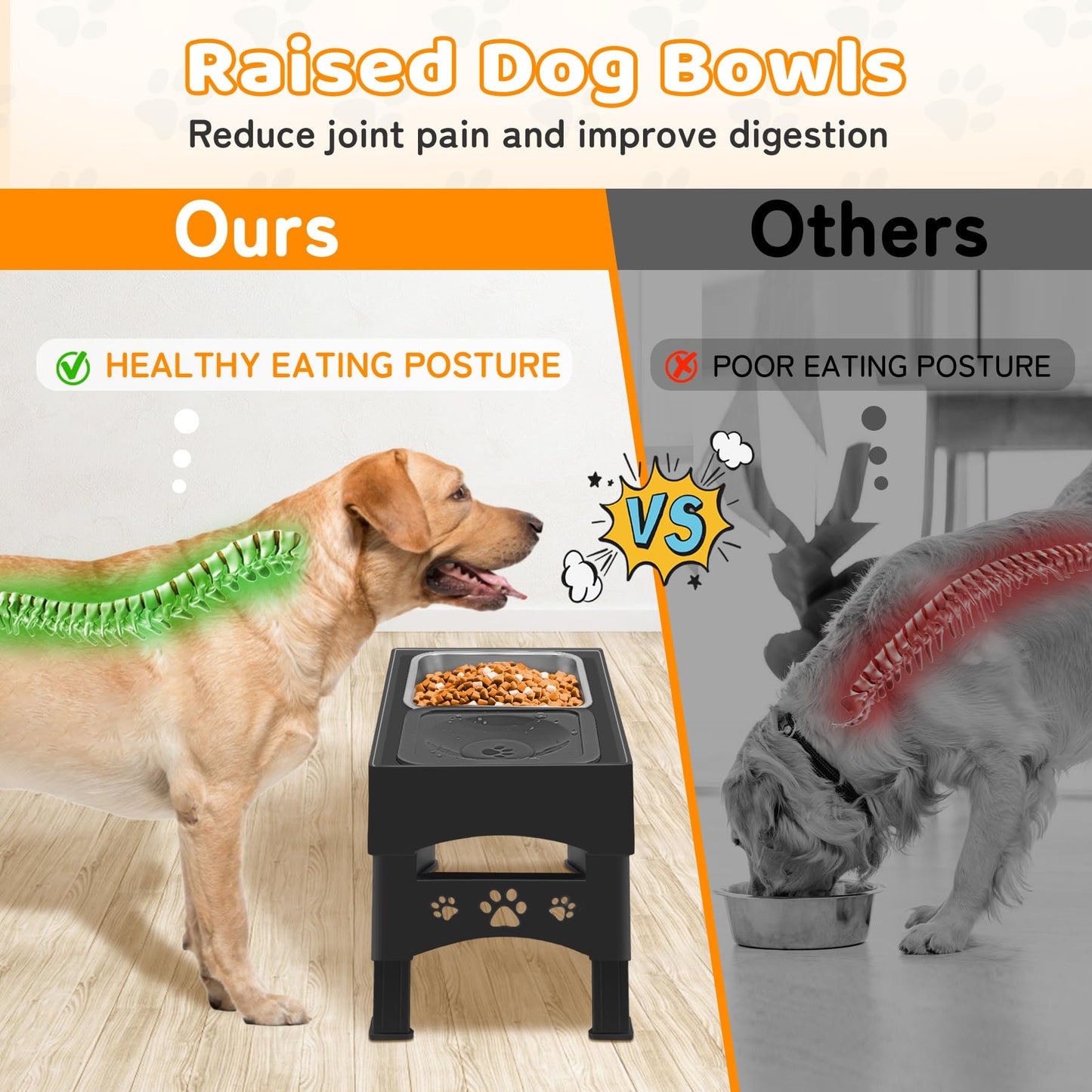 Ormalla Elevated Dog Bowls with No Spill Dog Water Bowl, Raised Stainless Steel Dog Food Bowl for Large Medium Small Dogs, Non-Slip Dog Bowl Stand, 4 Heights 3.7", 8.5", 10.1", 11.7",Black