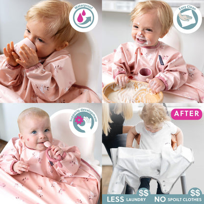 BIBaDO - Long Sleeve Baby Bibs - Babies & Toddlers 6-36 Months - Coverall Baby Weaning Bib - Easy Wipe Clean & Soft Fabric - Attach to Highchair & Tables - Waterproof - Machine Washable - Gifts