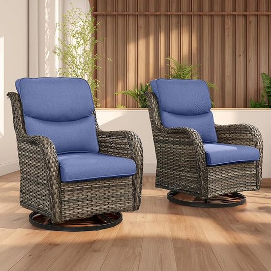 Rilyson Wicker Rocking Chair Swivel Chairs - 2 Piece Rocker Patio Chairs Set Rattan Rocking Chair for Outdoor Porch Deck Garden Backyard (Mixed Grey/Blue/Smile)