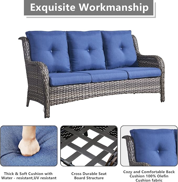 Rilyson Wicker Patio Furniture Set - 6 PC Rattan Outdoor Sectional Conversation Sets with 2 Swivel Rocking Chairs,2 Ottomans,1 Sofa and 1 Coffee Table for Porch Deck(Mixed Grey/Blue)