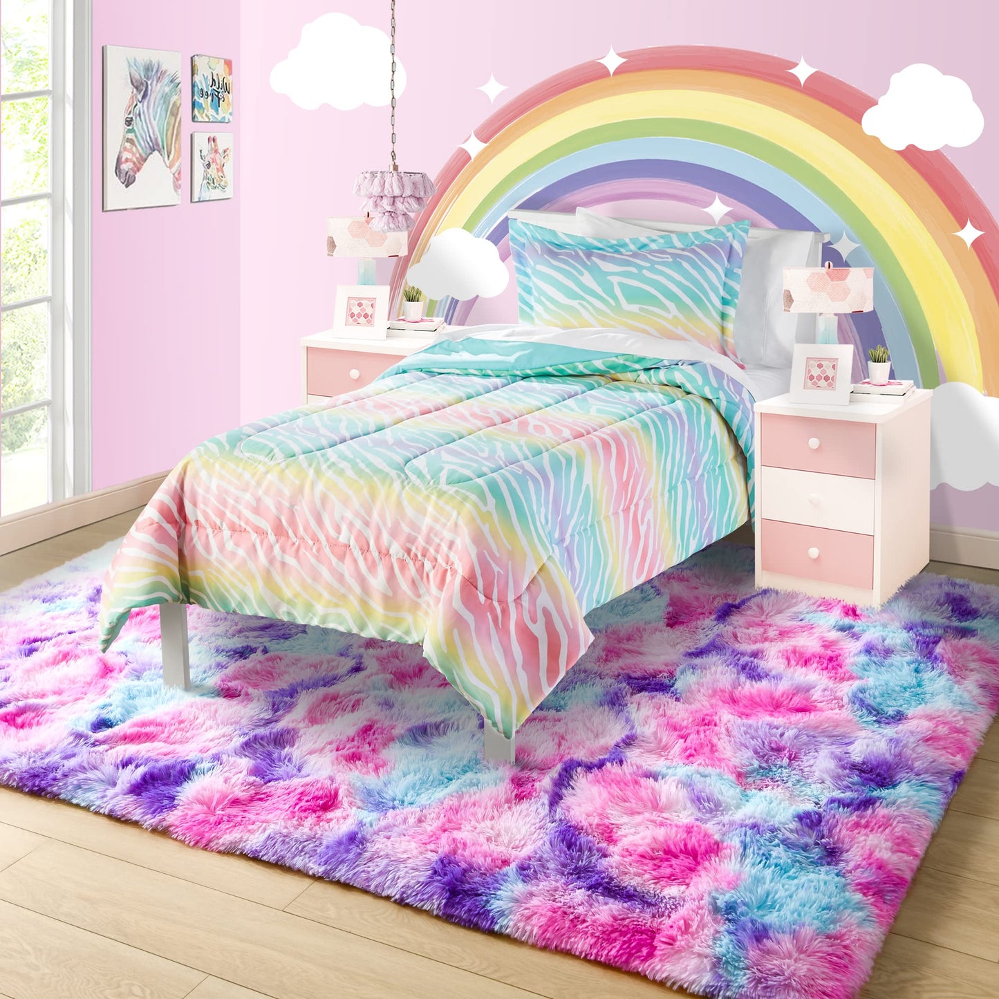 4x6 Tie-Dyed Pink Purple Blue Area Rug for Kids Bedroom Living Room, Fluffy Shag Soft Plush Furry Carpet, Non-Slip Indoor Floor Mat for Dining Room Home Decor