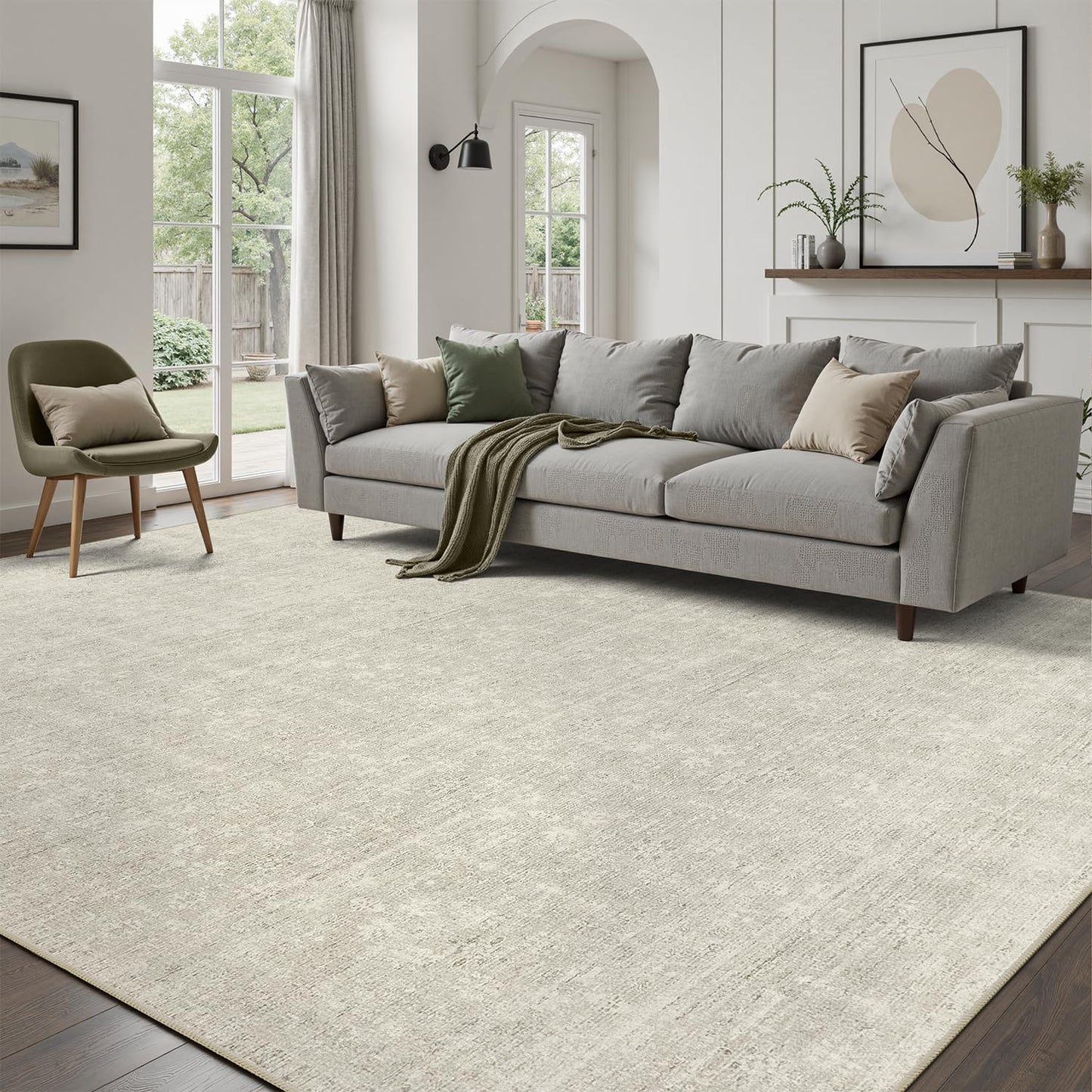 DCX 5x7 Beige Rug, Kid & Pet Friendly with Rubber Back Non Slip, Machine Washable Stain Resistant Neutral Floral Rug for Living Room, Bedroom, Home Office, Soft Low Pile Large Nursery Carpet