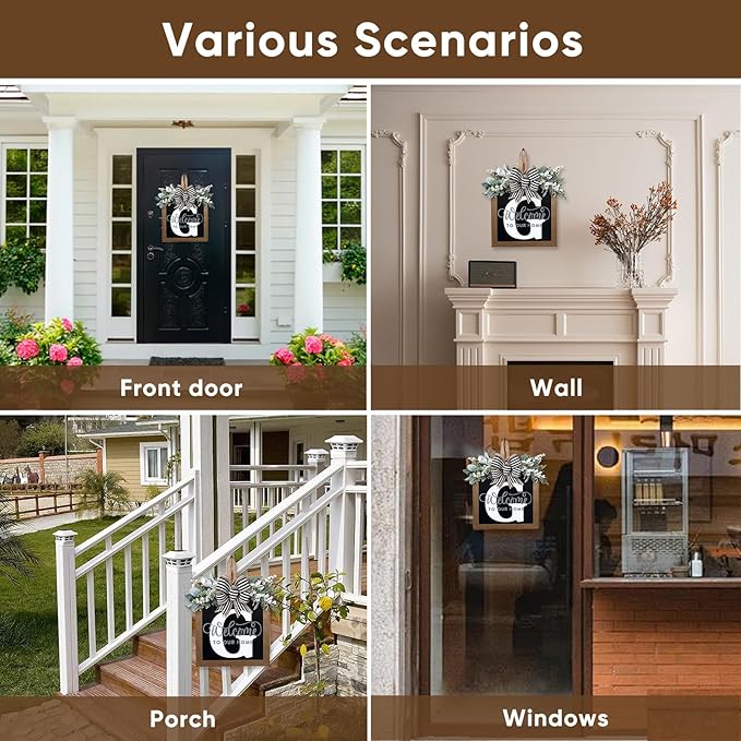 Ultra Large 14'' Last Name All Year Round Front Door Wreath with 26 Initial Letter Welcome Sign All Seasons Eucalyptus Garland and Bow Wreaths for Front Door Porch Farmhouse Decoration (G)
