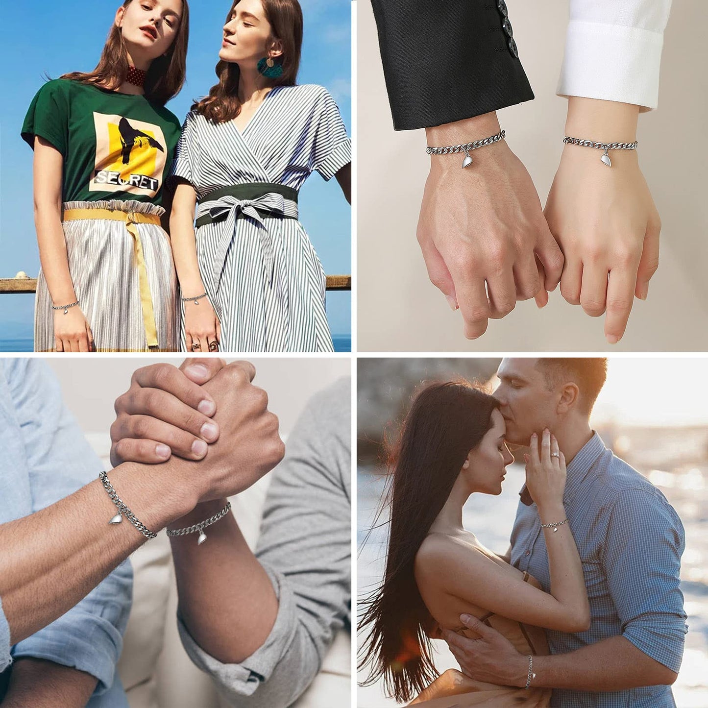 TempBeau 2pcs/Set Couple Bracelet, Relationship Matching Bracelet for Men Women, Stainless Steel Cuban/Figaro Chain BFF Promise Bracelet, Gifts for BF GF Him Her