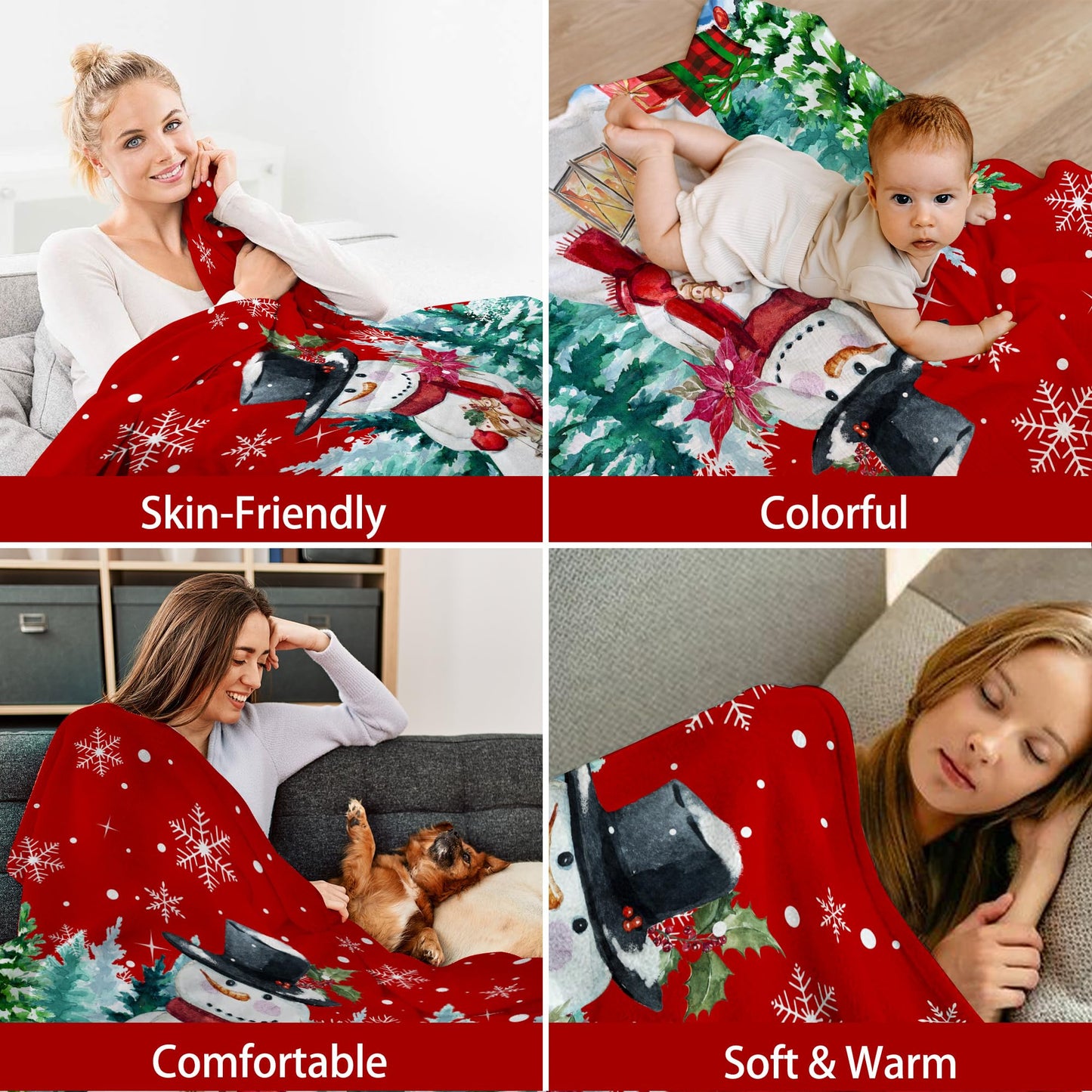 Christmas Blanket, Snowman Christmas Throw Blanket, Xmas Decorations for Home, Soft Red Snowman Blankets 50" X 60"