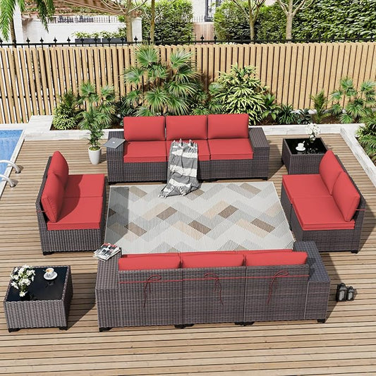 ALAULM 12 Pieces Outdoor Patio Furniture Set Sectional Sofa Sets Brown PE Rattan Patio Conversation Set w/10 Rose Red Seat Cushions and 2 Coffee Tables