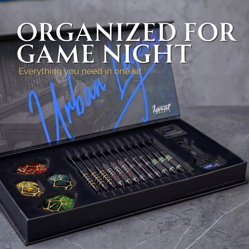 IgnatGames Steel Tip Darts, 12 Pack Urban Legends with Multi-Zone Grips, TwinForce 1.4" Aluminum Shafts, 32 GlideXPro Flights, Magnetic Gift Box