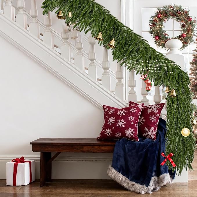 9 Ft Norfolk Pine Christmas Garland - Artificial Faux Pine Needles Real Touch Winter Garland - Indoor/Outdoor Holiday Greenery Garlands for Fireplace Mantle, Staircase, Window Decor