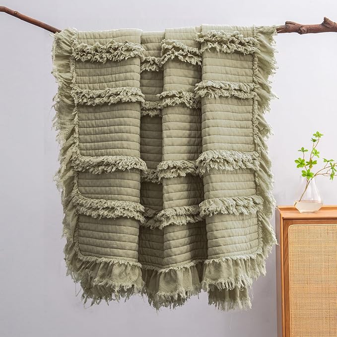 Ultra Soft Pre-Washed Quilted Boho Olive Green King Size Blankets for Bed, Sage Green Ruffle Fringed Decorative Throw, Stone Washed Chic Rustic Blanket for Sofa Couch Bed, 104"*90"