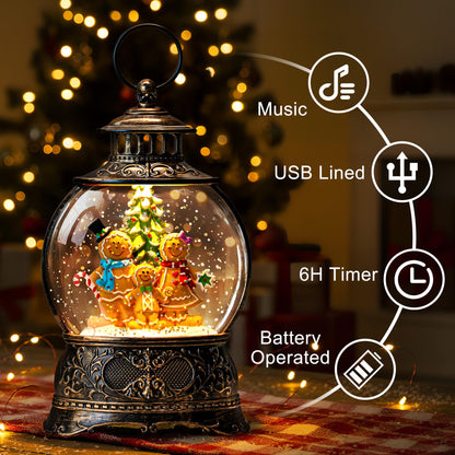 Christmas Snow Globe Water Lantern with Gingerbread Scene Battery Operated or USB Powered Musical Lighted Holiday Decoration for Tabletop Display for Family and Friends