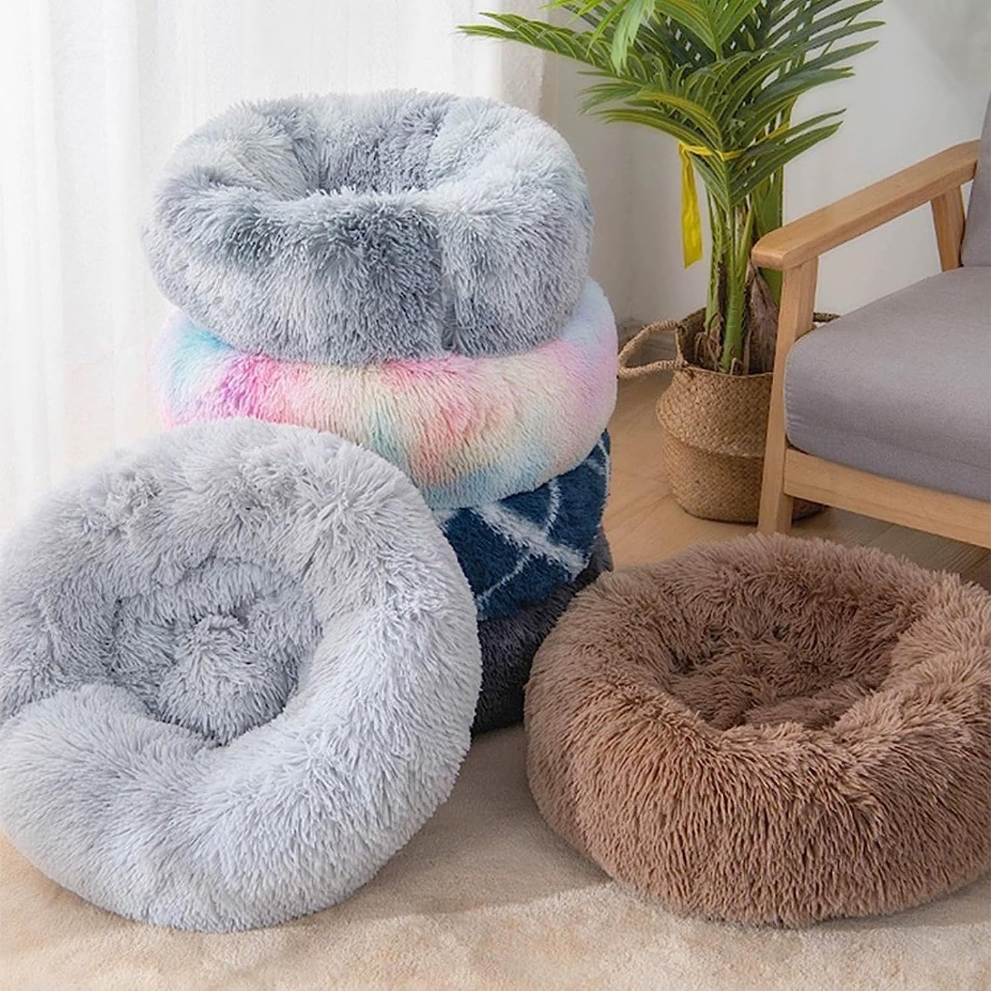 Cat Beds for Indoor Cats, 27 Inch Round Donut Washable Cat Bed, Fluffy Calming Self Warming Soft Donut Cuddler Cushion Pet Bed for Dogs and Kittens,Non-Slip (27 Inch, Light Grey)