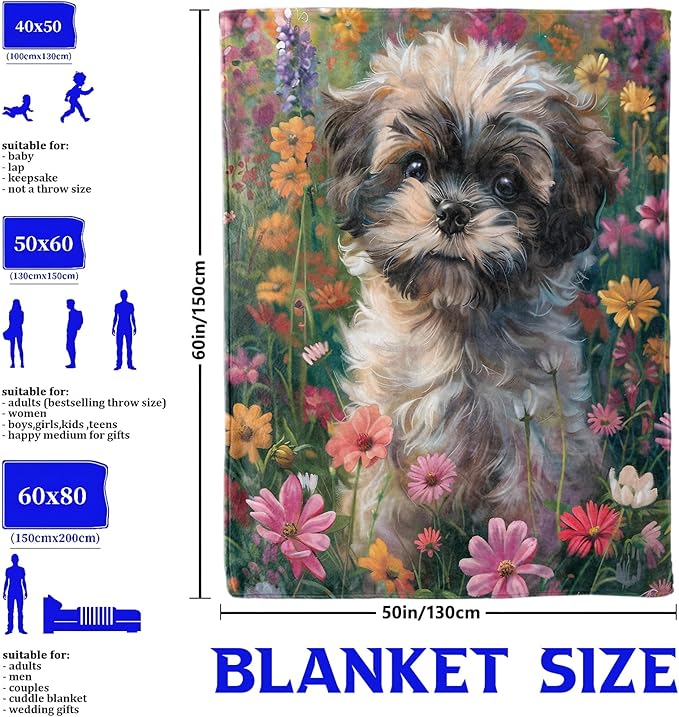 Cute Dog Flower Field Throw Blanket – Colorful Floral Design, Cozy Warm Flannel Blankets, All Season Use, Kids Boys Girls and Pet Lovers Gifts, 50x60in, Sofa Office Dorm Travel RV Decoration