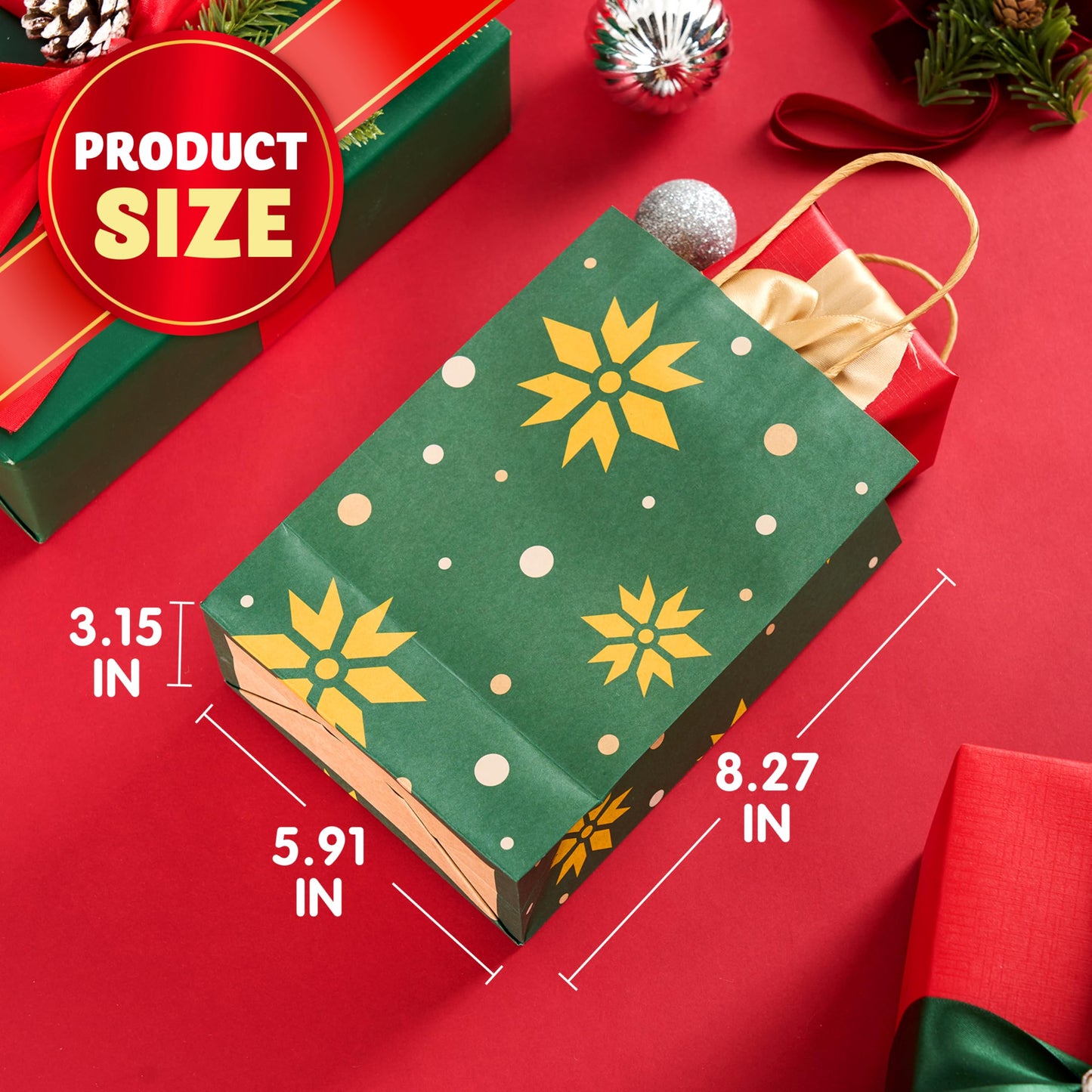 JOYIN 24 PCS Christmas Kraft Bags Holiday Paper Goody Gift Bags with Handles for Xmas Gifts Wrapping Party, Giant Gifts Decorations, Classrooms and Party Favors (Red+Green, 8.27" x 5.91" x 3.15")
