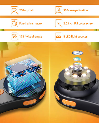 Digital Microscope Handheld 2.0 inch IPS Color Screen,Portable Digital Magnifying Glass 500x,Marco Microscope for Kids,Built-in 8LED Lights,USB Compatible with PC Windows, Mac OS