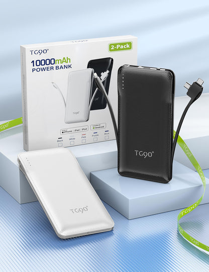 TG90° Portable Charger 10000mah Cell Phone Battery Backup, Ultra Slim Power Bank with Built in Lightning and USB-C Cable, Portable Phone Charger Battery Packs Compatible with iPhone Android Phones