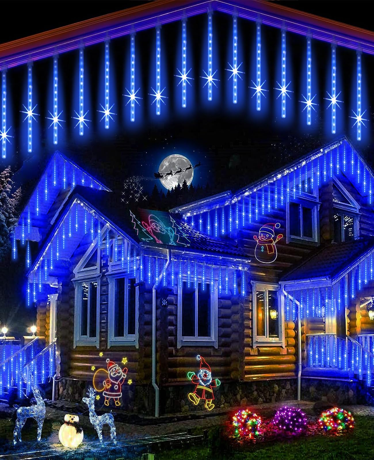 EAGWELL Meteor Shower Lights Outdoor Christmas Lights UL Certified Falling Rain Drop Snowfall Icicle Cascading String Light for Xmas Holiday Tree Wedding Party Garden Decor Blue, 12 Inch 10 Tubes