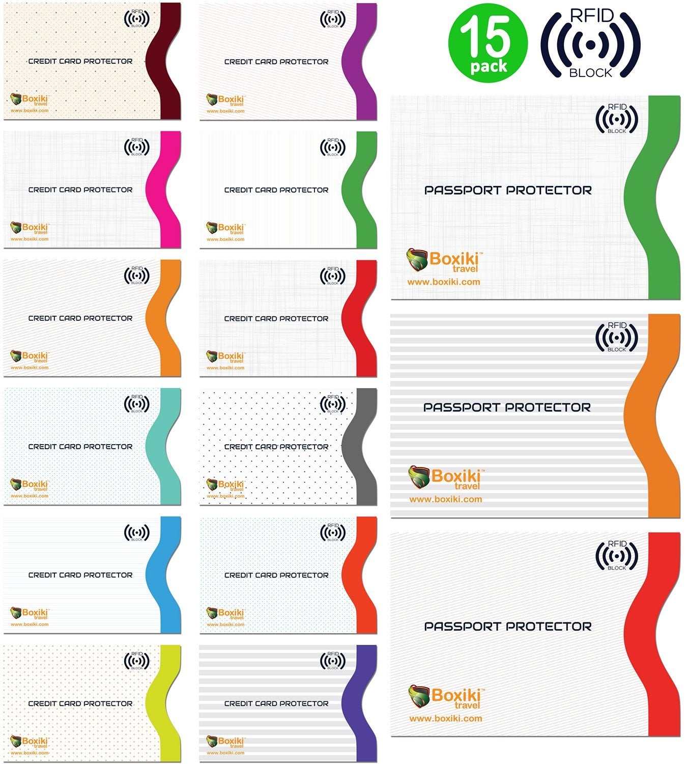 Boxiki Travel Set of 15 RFID, Set with Color Coding | Identity Theft Prevention RFID Blocking Envelopes and Passport Covers (White Collection)