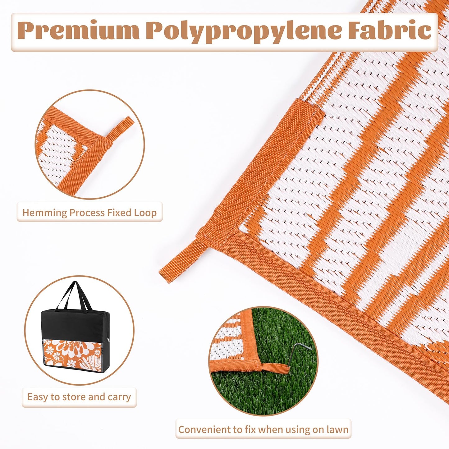 Ileading Outdoor Patio Rug, Orange Floral Reversible Outdoor Rug, Waterproof Plastic Straw Mat, Portable Outside Deck Area Rug, Camping RV Carpet for Porch Balcony (6×9 ft)