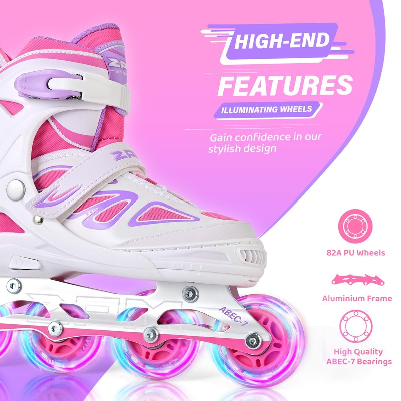 2PM SPORTS Vinal Inline Skates for Girls Boys Kids Ages 5-8 8-12 with Adjustable Illuminating Wheels, Inline Roller Skates for Youth Women Men - White Pink Large