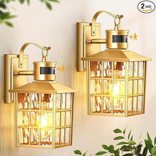 VIANIS Gold Outdoor Wall Lights, 2 Pack Motion Sensor Exterior Lights for House Wall Mount Sconce Lamp, Dusk to Dawn Porch Light Fixture, Golden Outside Garage Light Lantern with Tempered Ripple Glass